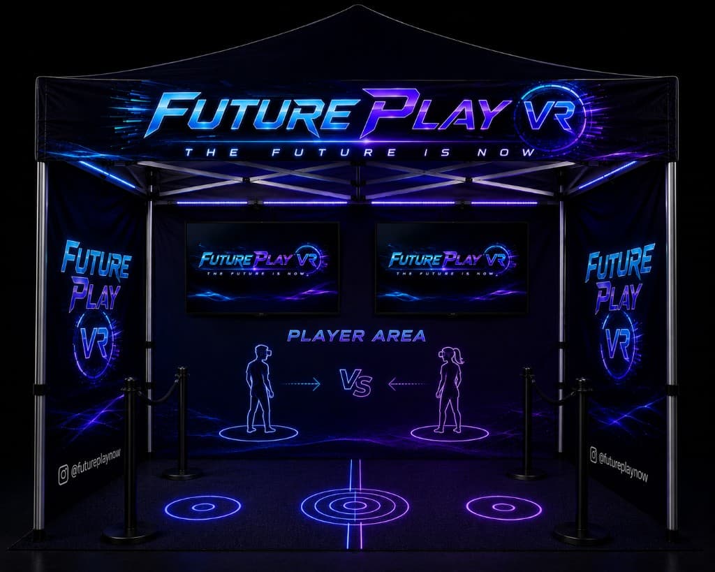 FuturePlay VR mobile pop-up canopy with a clear player area and spectator displays
